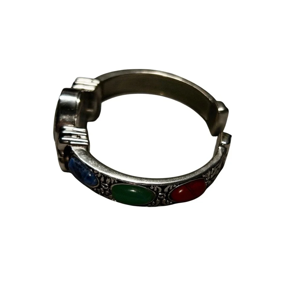 Western‎ Silver Bangle Watch Embassy By Gruen Multicolor Stones 22mm Adjustable